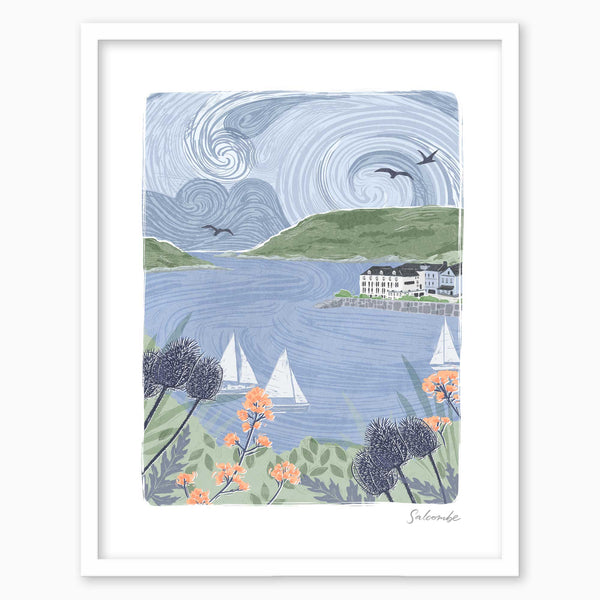 Salcombe Lino Framed Print featuring a coastal scene with sailboats, orange flowers, and swirling blue skies.