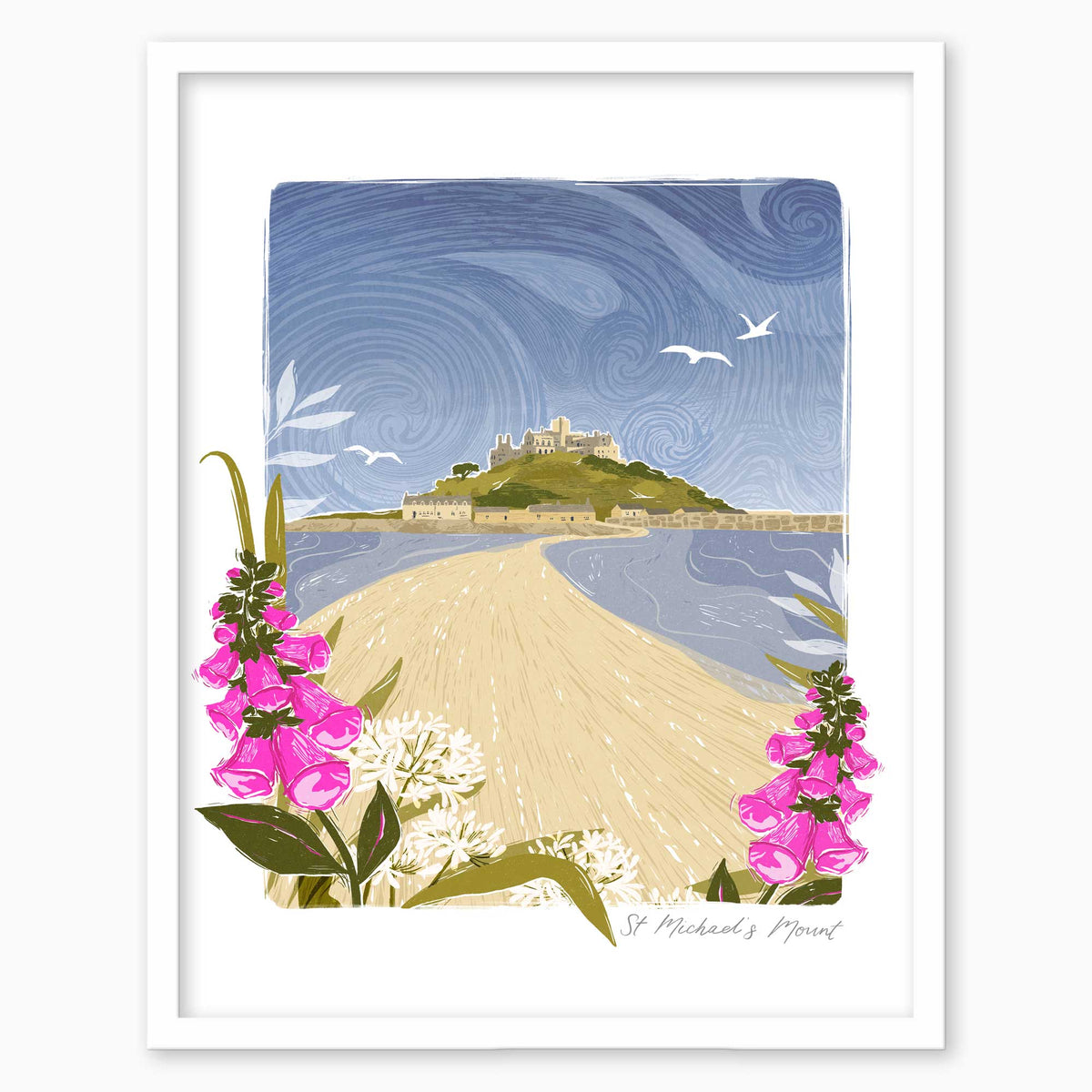 St Michael's Mount lino print in a white frame, featuring pink foxgloves, a sandy causeway, and a swirling blue sky.