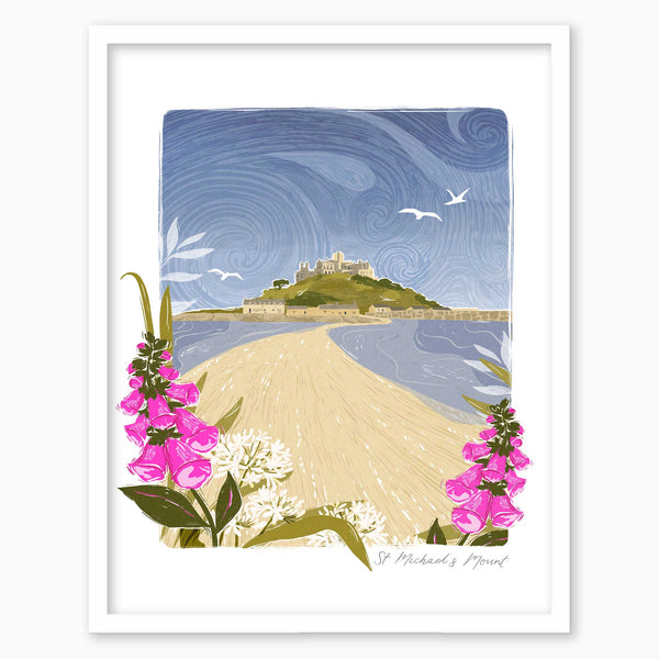 St Michael's Mount lino print in a white frame, featuring pink foxgloves, a sandy causeway, and a swirling blue sky.