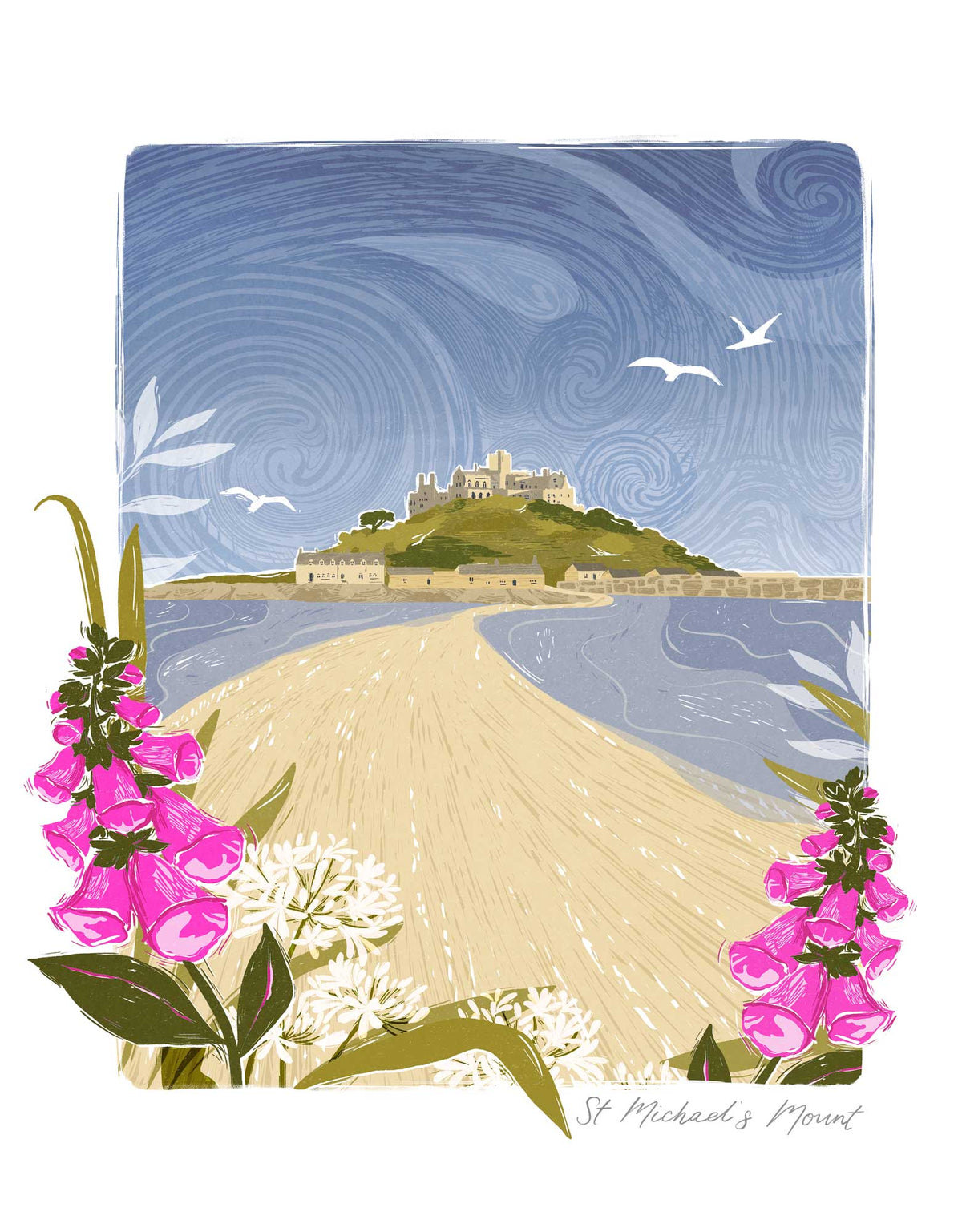 St Michael's Mount lino print featuring a coastal path, pink foxgloves, and a swirling blue sky with seagulls.