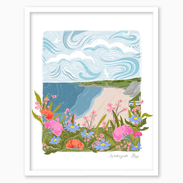Watergate Bay lino print in a white frame, featuring a coastal scene with colourful wildflowers and a swirling sky.