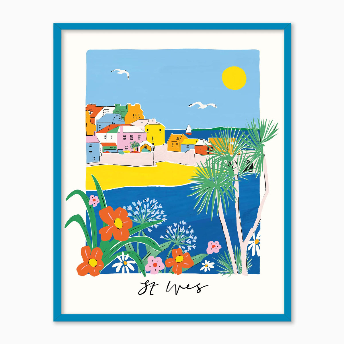 St Ives Brights framed print featuring a colourful coastal scene with vibrant houses, tropical plants, and a blue frame.