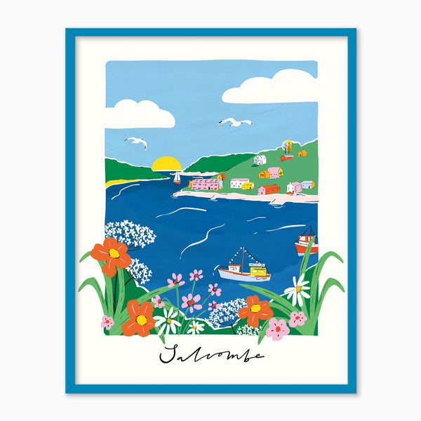 Salcombe Brights framed print featuring a colourful coastal landscape with boats, flowers, and a blue frame.