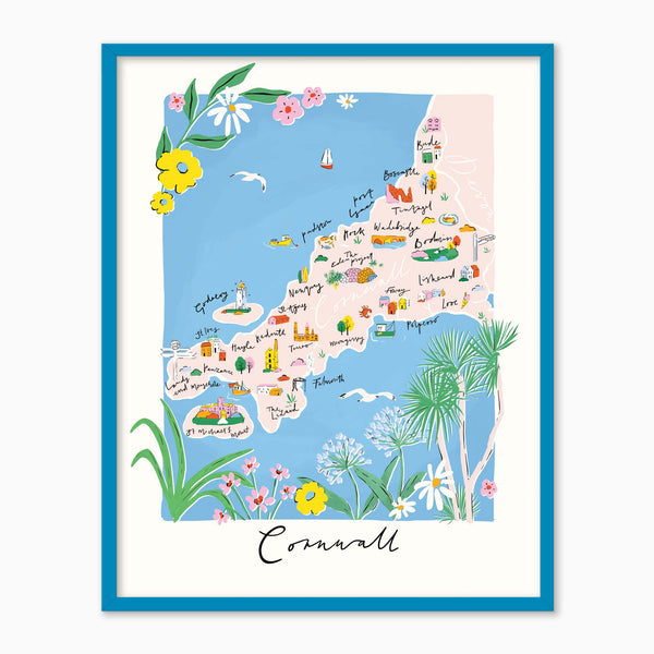 Cornwall Brights Framed Print featuring a colourful illustrated map of Cornwall with coastal landmarks in a blue frame.