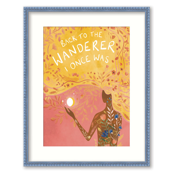 Back To The Wanderer framed print featuring a woman with floral hair holding a moon against a yellow and pink background.