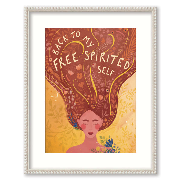 Back To My Free Spirit framed print featuring a woman with flowing floral hair in warm orange and yellow tones.