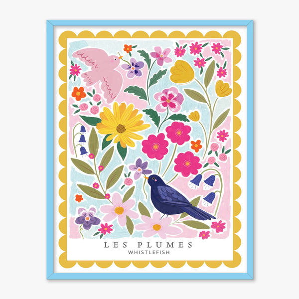 Les Blu Plumes framed print featuring a black bird and pink bird amongst colourful flowers in a light blue frame.