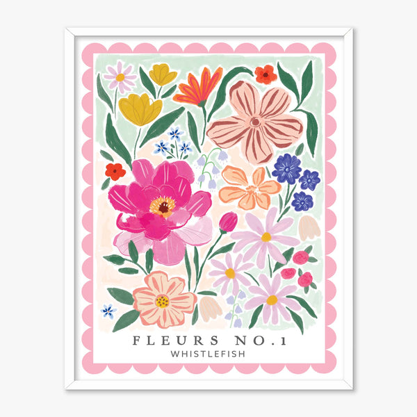 Fleurs No.1 framed print featuring a colourful botanical illustration of assorted flowers with a scalloped pink border.