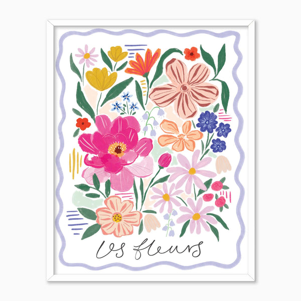 Les Fleurs Lilac framed print featuring a colourful floral illustration with a wavy lilac border in a white frame.