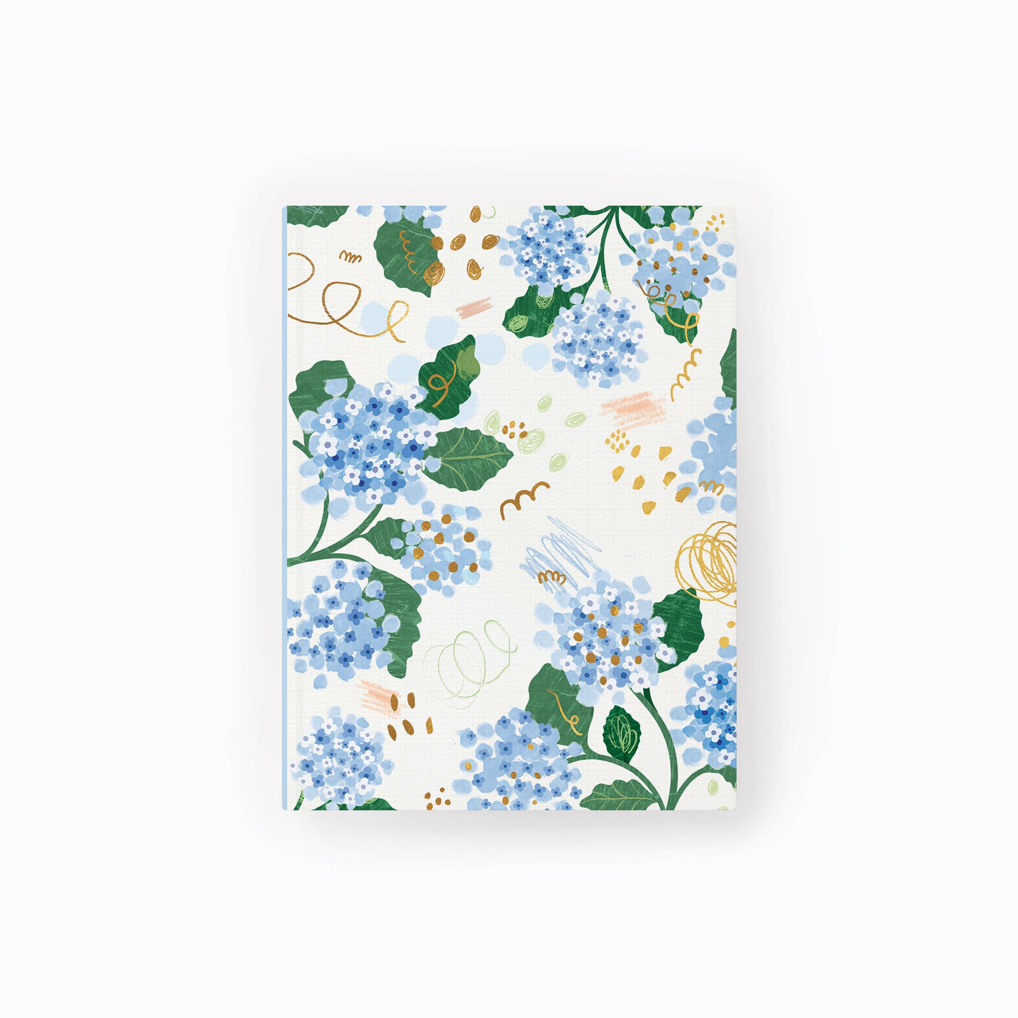 Hydrangea Notebook featuring a floral pattern of blue hydrangea flowers, green leaves, and gold abstract scribbles.