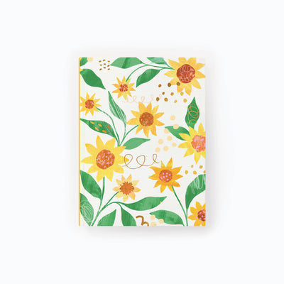 Sunflower Notebook featuring a vibrant pattern of yellow sunflowers, green leaves, and gold accents on a white background.