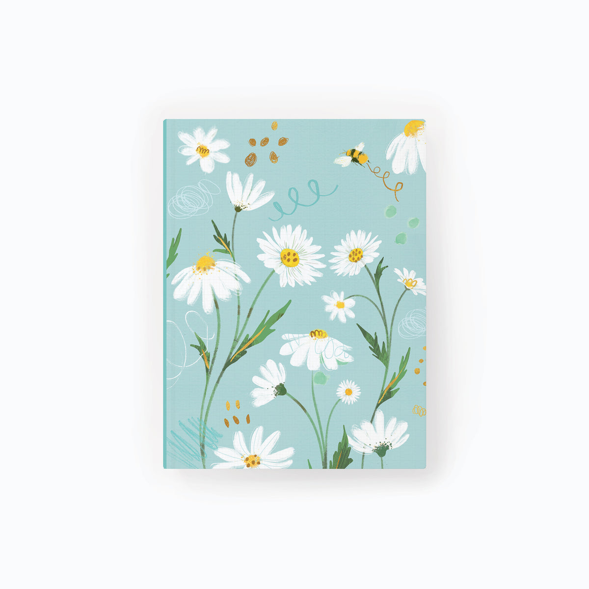 Daisies Notebook featuring white daisy illustrations and a small bee on a light blue background.