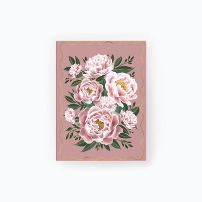 Peonies Notebook featuring a bouquet of pink flowers and green leaves on a dusky pink background with a scalloped border.