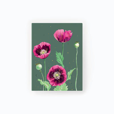 Poppies Notebook featuring vibrant pink and purple poppy flowers and green buds on a dark sage green background.