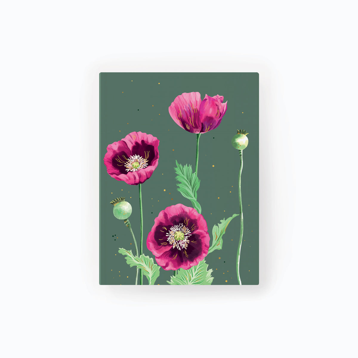 Poppies Notebook featuring vibrant pink and purple poppy flowers and green buds on a dark sage green background.