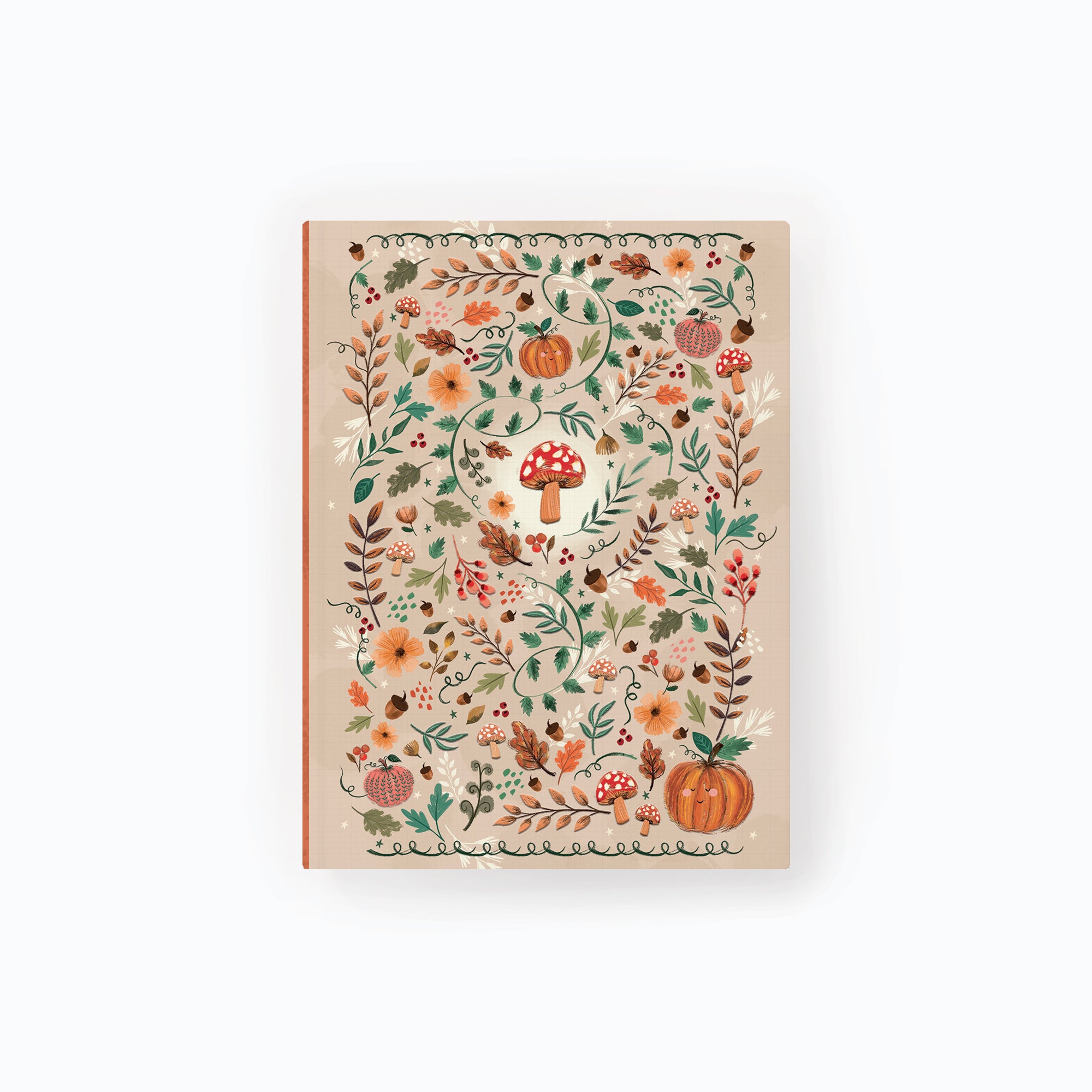 Autumn Woodland Notebook featuring a beige cover with colourful illustrations of mushrooms, pumpkins, leaves and acorns.