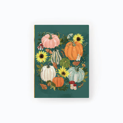 Pumpkin Patch notebook with a dark green cover featuring colourful pumpkins, sunflowers, mushrooms, and autumn leaves.