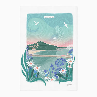 Looe tea towel featuring a coastal scene with a harbour, white seagulls, and colourful wildflowers in the foreground.
