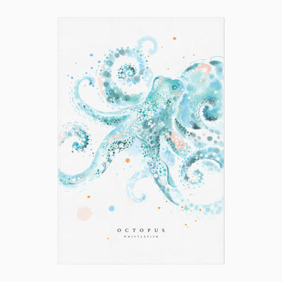 Octopus tea towel featuring a watercolour illustration of a blue and turquoise octopus on a white background.