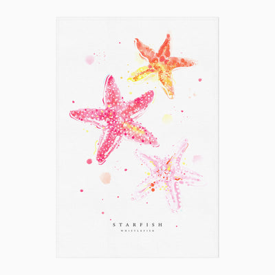 Starfish tea towel featuring a watercolour illustration of three pink and orange starfish on a white background.