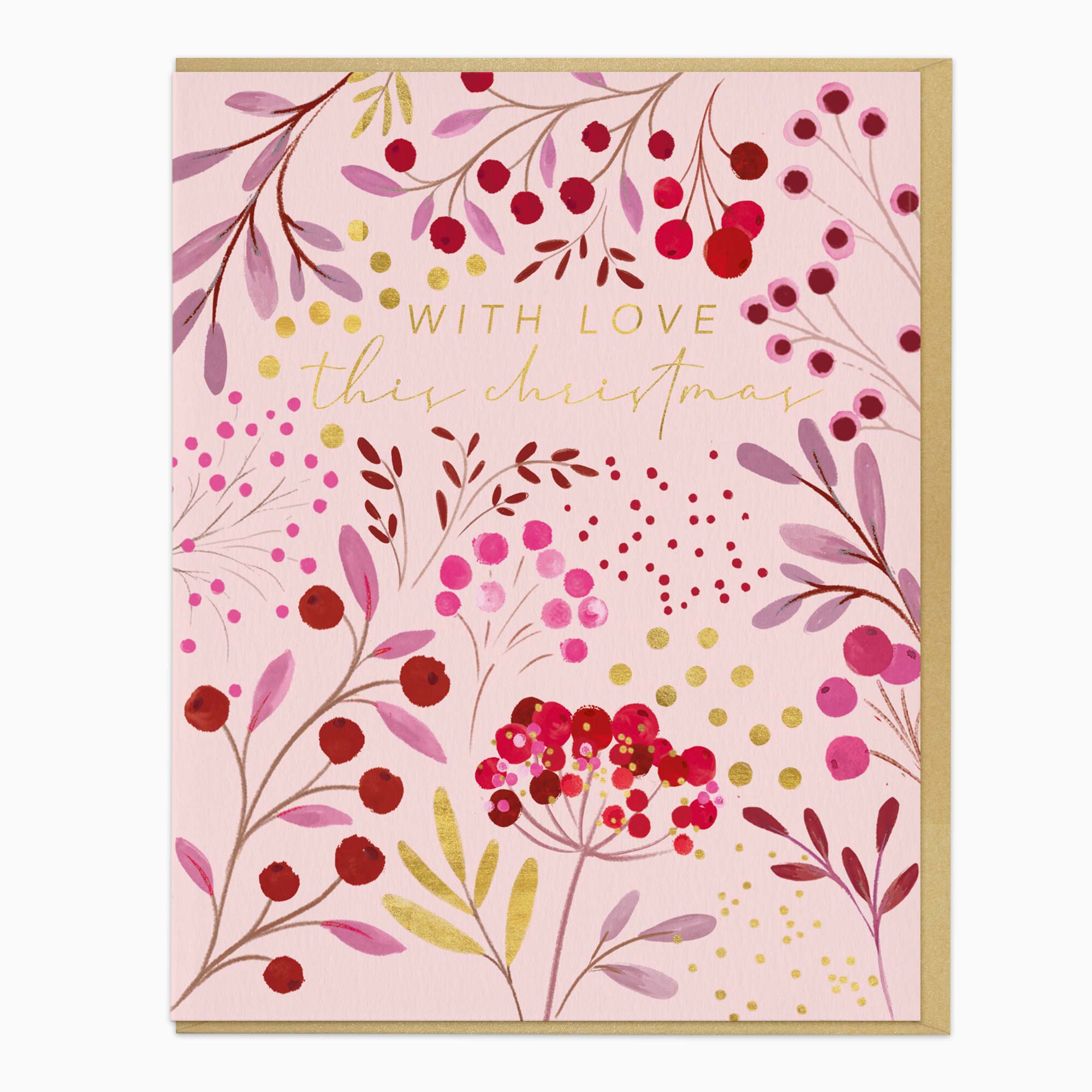 Bursting Berry Garland Christmas card featuring red and pink botanical illustrations on a soft pink background with gold text.