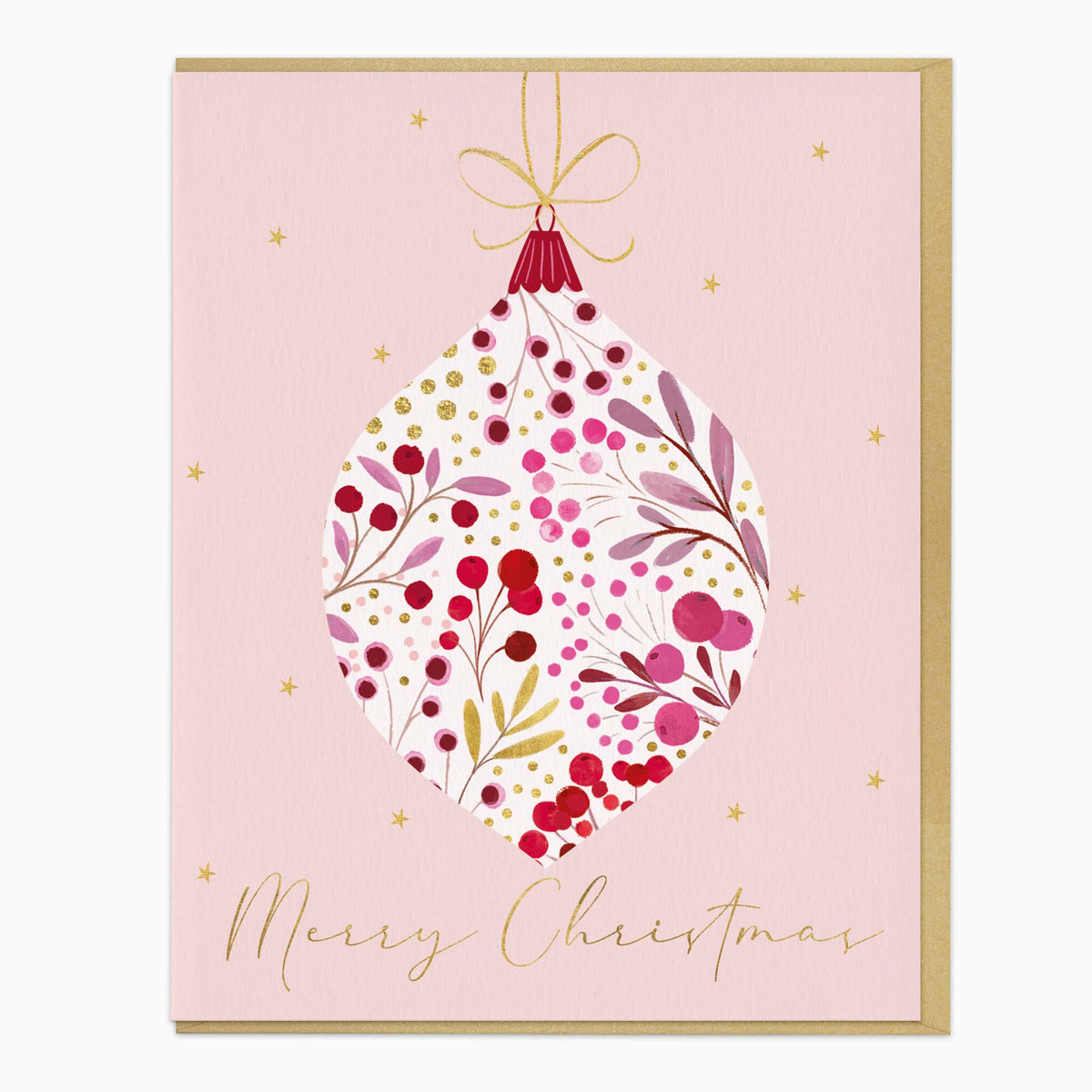 Bursting Berry Bauble Christmas card on a pale pink background with gold stars and a matching gold envelope.