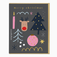 Reindeer Icons Christmas card on a dark grey background with a pink candle, navy tree, pink bauble and gold text.