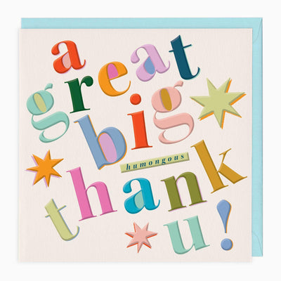 A Great Big Thank You card with colourful, playful typography and star illustrations on a cream background with a blue envelope.