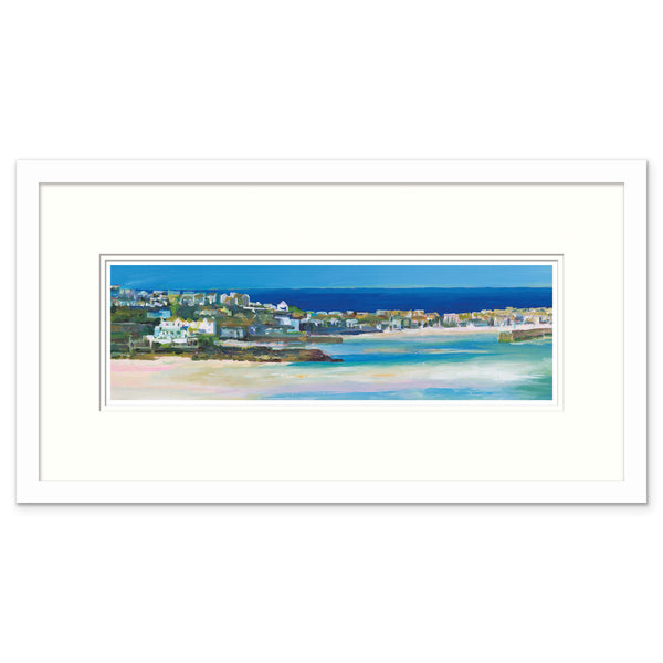 A Little Gem medium framed print featuring a coastal landscape painting with blue sea, sandy beach, and white houses.