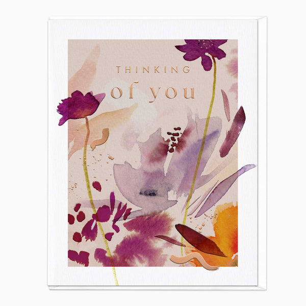 Autumn Purple Thinking of You card with abstract watercolour flowers in shades of purple, orange and pink.