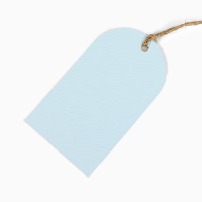Baby Blue Gift Tags with a rounded top and natural jute twine string attached through a punched hole.