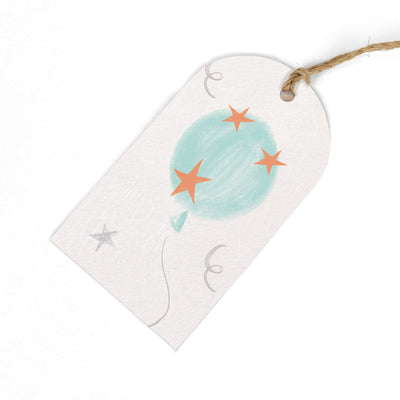 Balloon Gift Tags featuring a pale blue balloon illustration with orange stars, hanging from a rustic twine string.