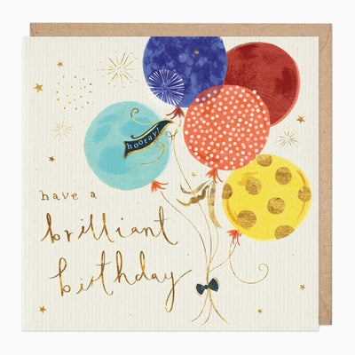 Balloons Brilliant Birthday Card featuring colourful patterned balloons, gold stars and text on a cream background with envelope.