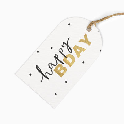 White Bday Text Gift Tag with black polka dots, black script lettering, and gold BDAY text, attached to twine.