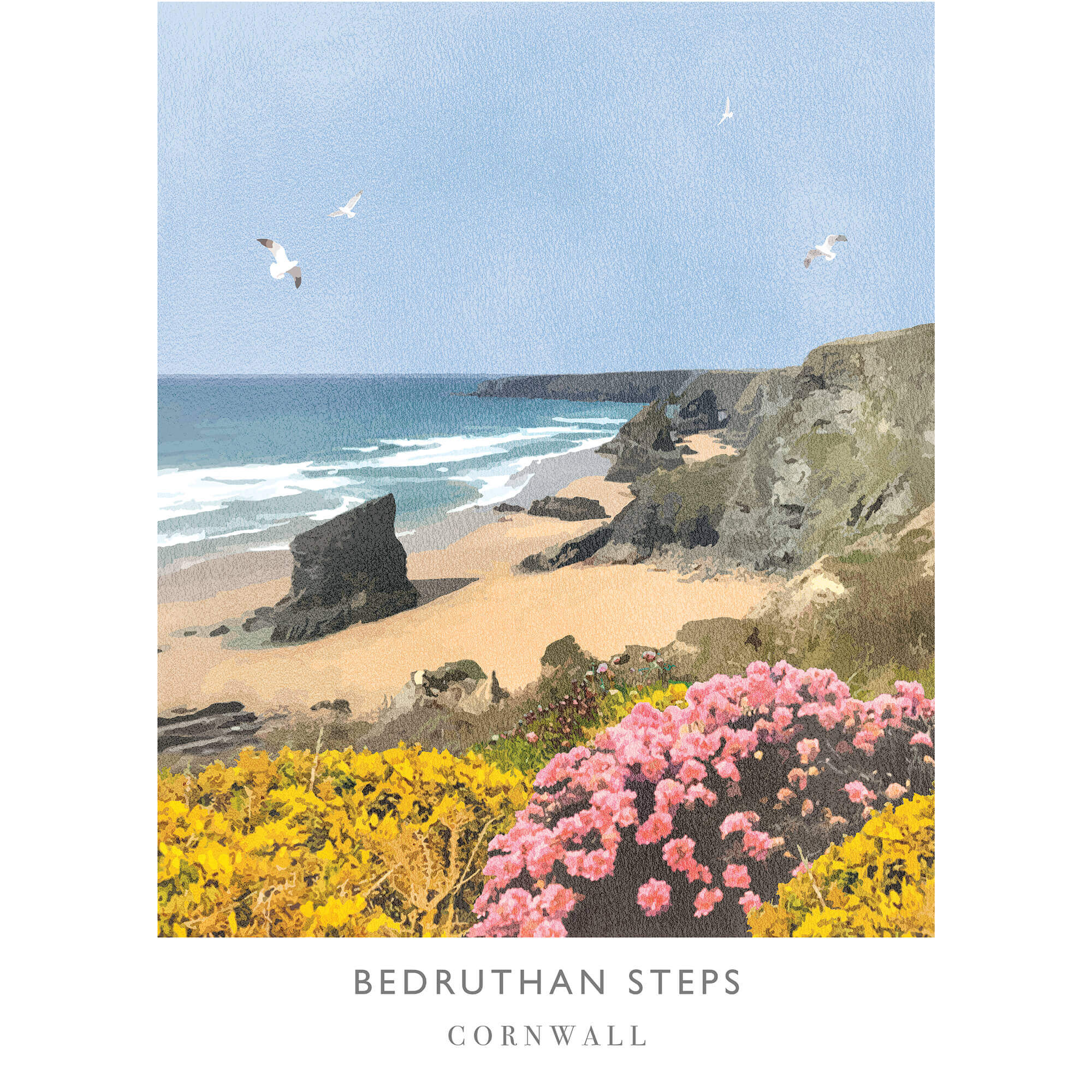 WF429P Bedruthan Steps Travel Art Print