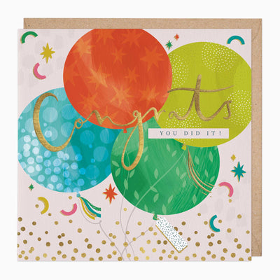 Big Balloon Congratulations Card with colourful balloons, gold confetti, and the text Congrats You Did It on a kraft envelope.