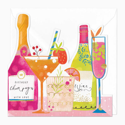 Birthday Drinks Birthday Cut-Out Card featuring colourful illustrations of champagne, wine, and cocktails on a pink table.