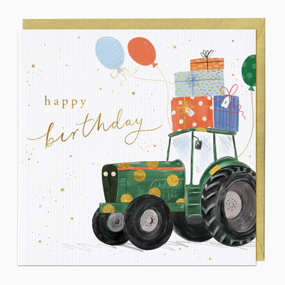 Birthday Tractor Card featuring a green tractor carrying colourful gift boxes and balloons with gold stars on a white background.
