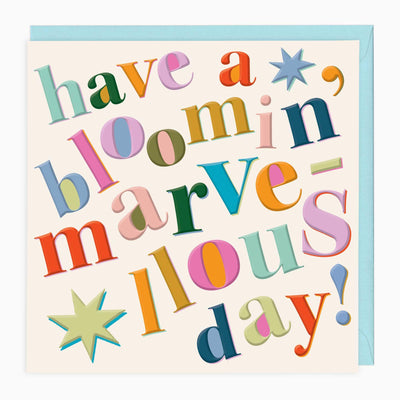 Bloomin' Marvelous greeting card with colourful, multi-font typography on a cream background and a light blue envelope.