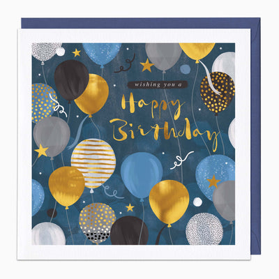 Blue and gold birthday balloons greeting card with Happy Birthday text on a dark blue background and a matching blue envelope.
