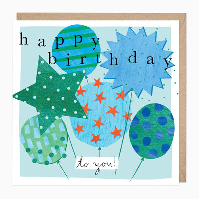 Blue Balloons Birthday Card featuring colourful patterned balloons, stars, and the text Happy Birthday to you.