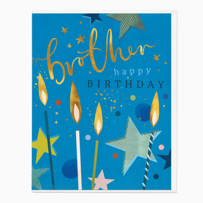Blue Brother birthday card featuring gold lettering, lit candles, and colourful star illustrations on a bright blue background.