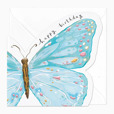 Blue butterfly birthday card with delicate blue wings, pink and gold spots, and handwritten happy birthday text.