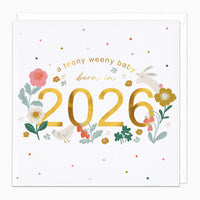 Born in 2026 baby card with gold numbers, floral illustrations, a small rabbit, and a bird on a white background.