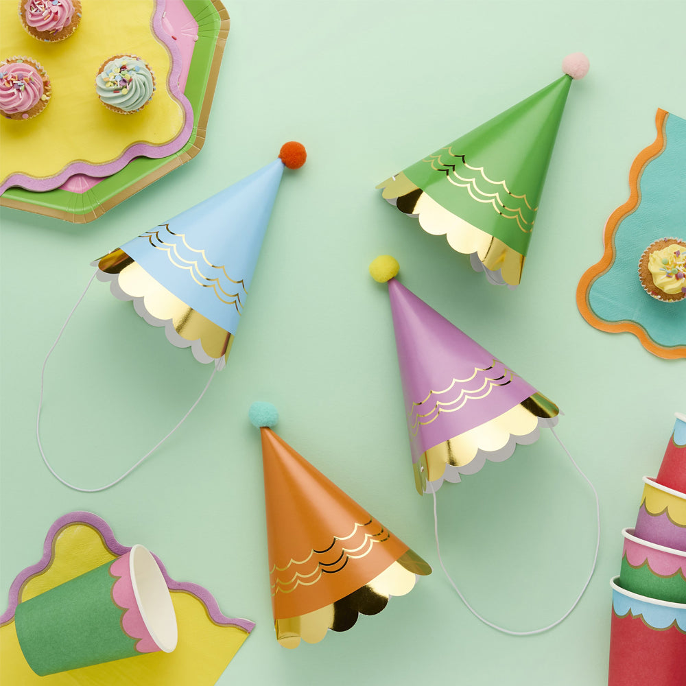 Party Hats-HBPB107 - Bright Party Hats with Pom Poms-Hootyballoo