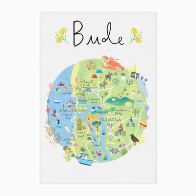 Bude Map tea towel featuring a colourful illustrated coastal map with landmarks, beaches, and local wildlife on white fabric.