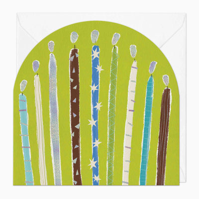 Candles greeting card featuring colourful patterned birthday candles on a bright lime green background with an envelope.