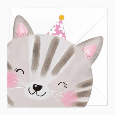 Carly The Cat birthday cut-out card shaped like a grey tabby cat wearing a pink floral party hat with a white envelope.