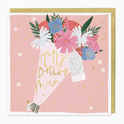 Celebration Blooms For Mum birthday card featuring a floral bouquet on a pink background with a gold envelope.