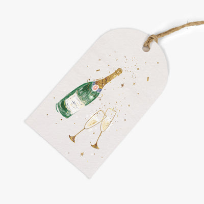Champagne Gift Tags featuring a green bottle and two glasses with gold confetti on a white tag with twine.
